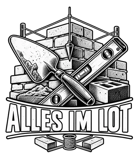 Bildmarke „Alles im Lot" für einen Maurerbetrieb: Kelle und Wasserwaage vor Mauerwerk.