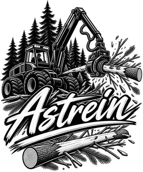 Bildmarke „Astrein" für einen Forstbetrieb: Harvester bei der Waldarbeit.