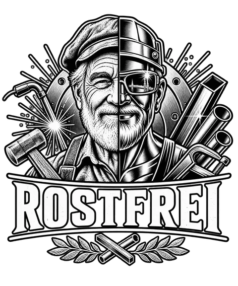 Bildmarke „Rostfrei" für einen Metallbaubetrieb: Schweißer-Porträt mit Rohren.