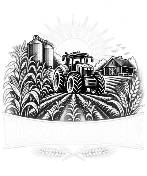 Bildmarke „Wachstumsbranche" für einen Landwirtschaftsbetrieb: Traktor vor Hof und Feldern.